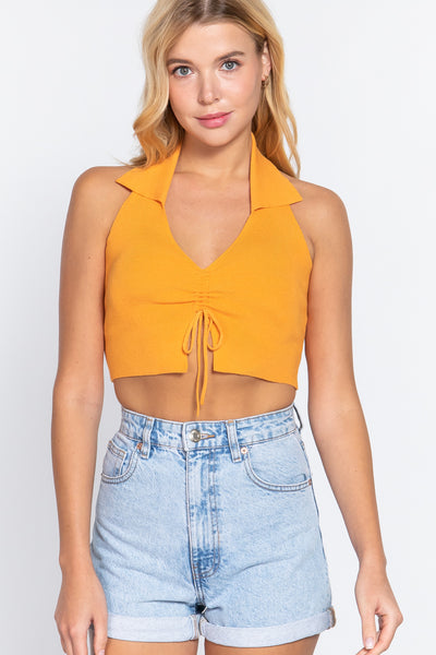 Halter Ruched Crop Sweater Knit Top